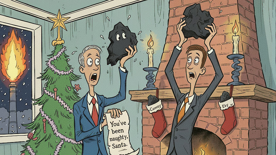 Cartoon of Prime Minister Mark Carney and Premier David Eby receiving a lump of coal for Christmas.